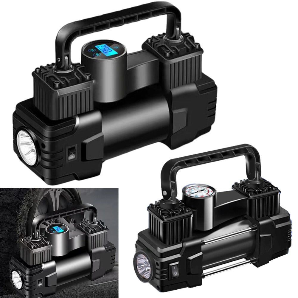 150 PSI 12V Dual-Cylinder Tire Inflator with Analog or Digital Gauge, LED Light and Carry Handle