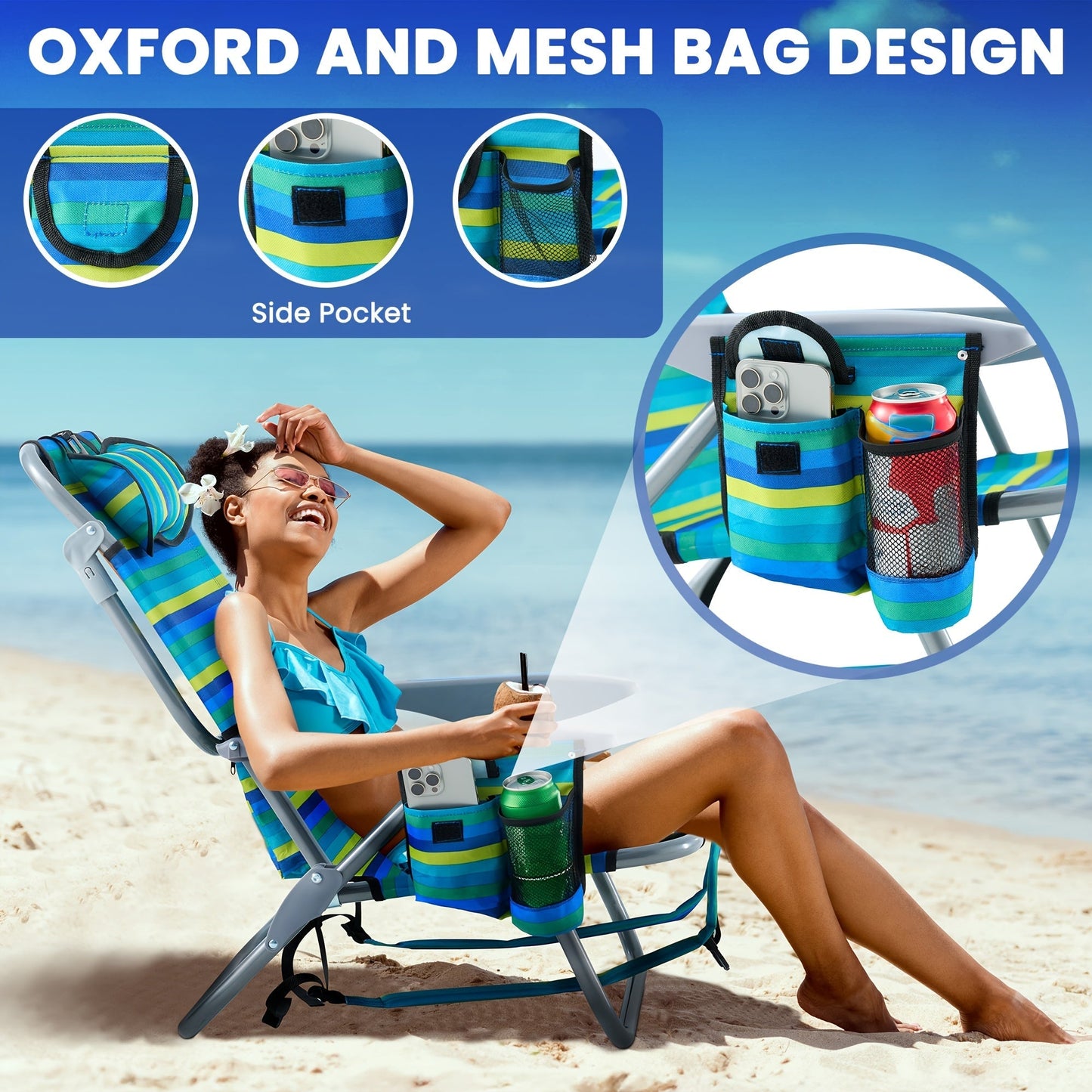 Folding Beach Chair Lay Flat Camping Chair for Adults 4 Position Adjustable Backpack Chair with Cup Holder Towel Bar Cooler Pouch
