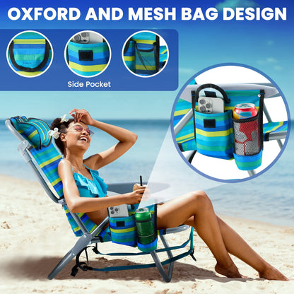 Folding Beach Chair Lay Flat Camping Chair for Adults 4 Position Adjustable Backpack Chair with Cup Holder Towel Bar Cooler Pouch