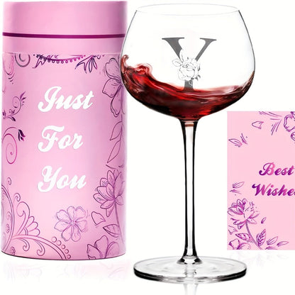 Personalized Wine Glass Gift for Women – A-Z Initial Letter Monogrammed Wine Glass with Gift Box & Greeting Card – Unique Birthday