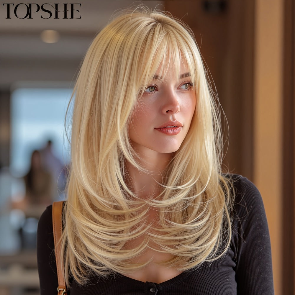Synthetic Wig 14-Inch Golden Layered Straight Style with Full Bangs and Glueless Rose Net Cap