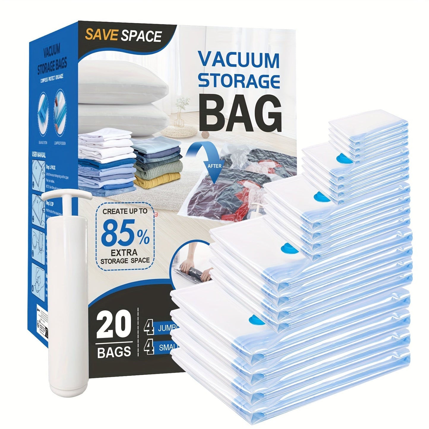 Clear Vacuum Storage Bag Set with Blue Valves and 4-, 8-, 10-, 12-, 20- or 30-Piece Checkout Options