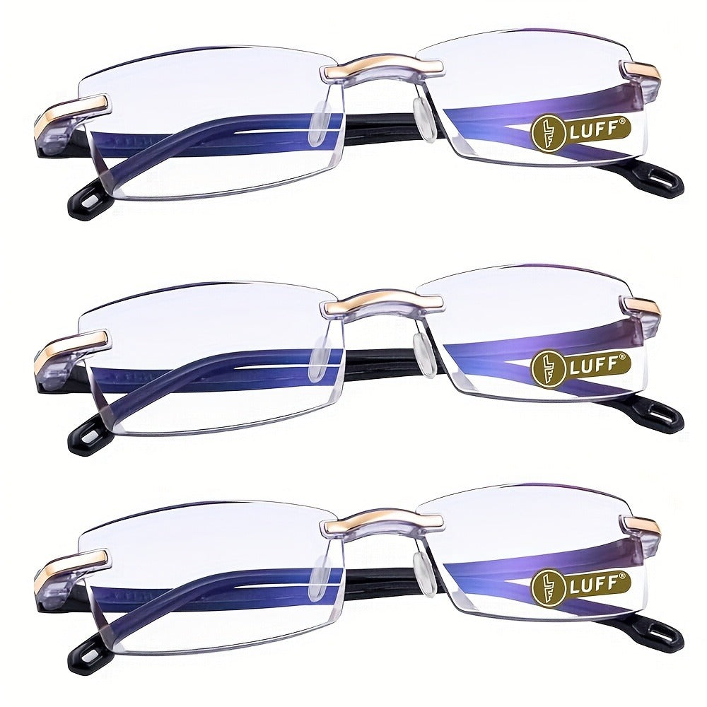Reading Glasses – Three-Pair Rimless Metal Readers in Multiple Colors and Strengths with Multiple Strength and Color Options