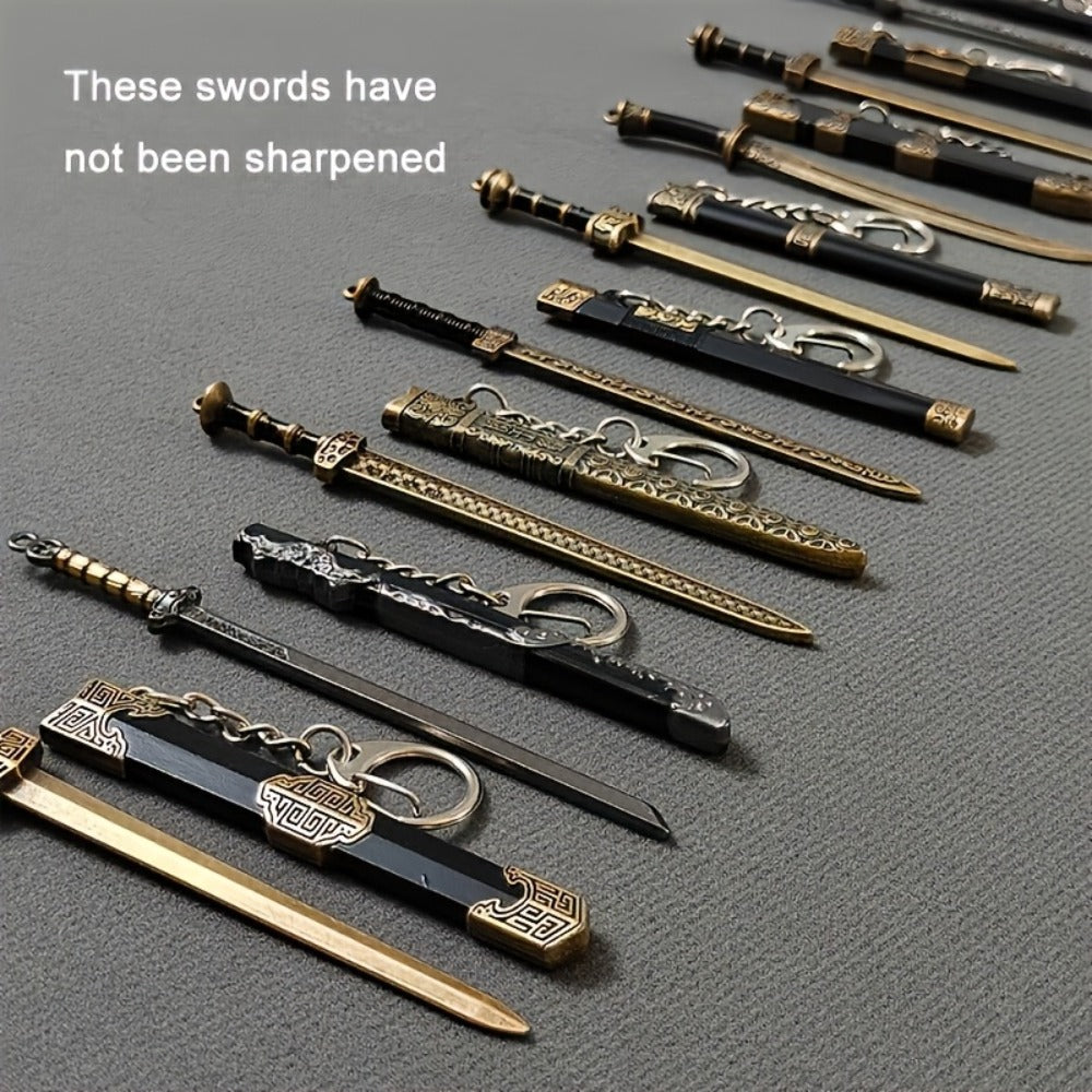 Seven-Piece Miniature Metal Sword Replica Set with Sheaths, Keychains and Ancient-Inspired Display Designs