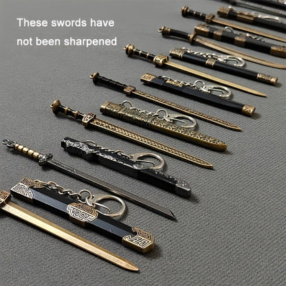 Seven-Piece Miniature Metal Sword Replica Set with Sheaths, Keychains and Ancient-Inspired Display Designs