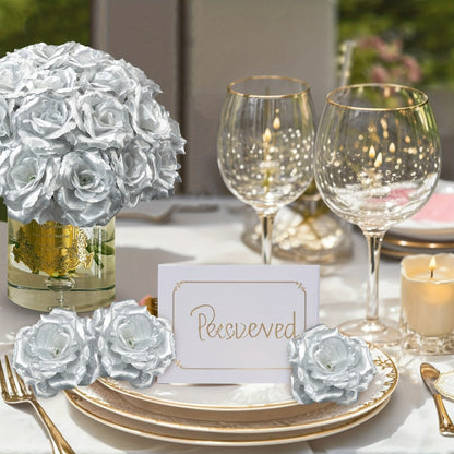 Artificial Rose Heads with Stems, 50-Piece Silk-Labeled Set in Champagne, Silver, Pink, Wine Red, Blue or Orange
