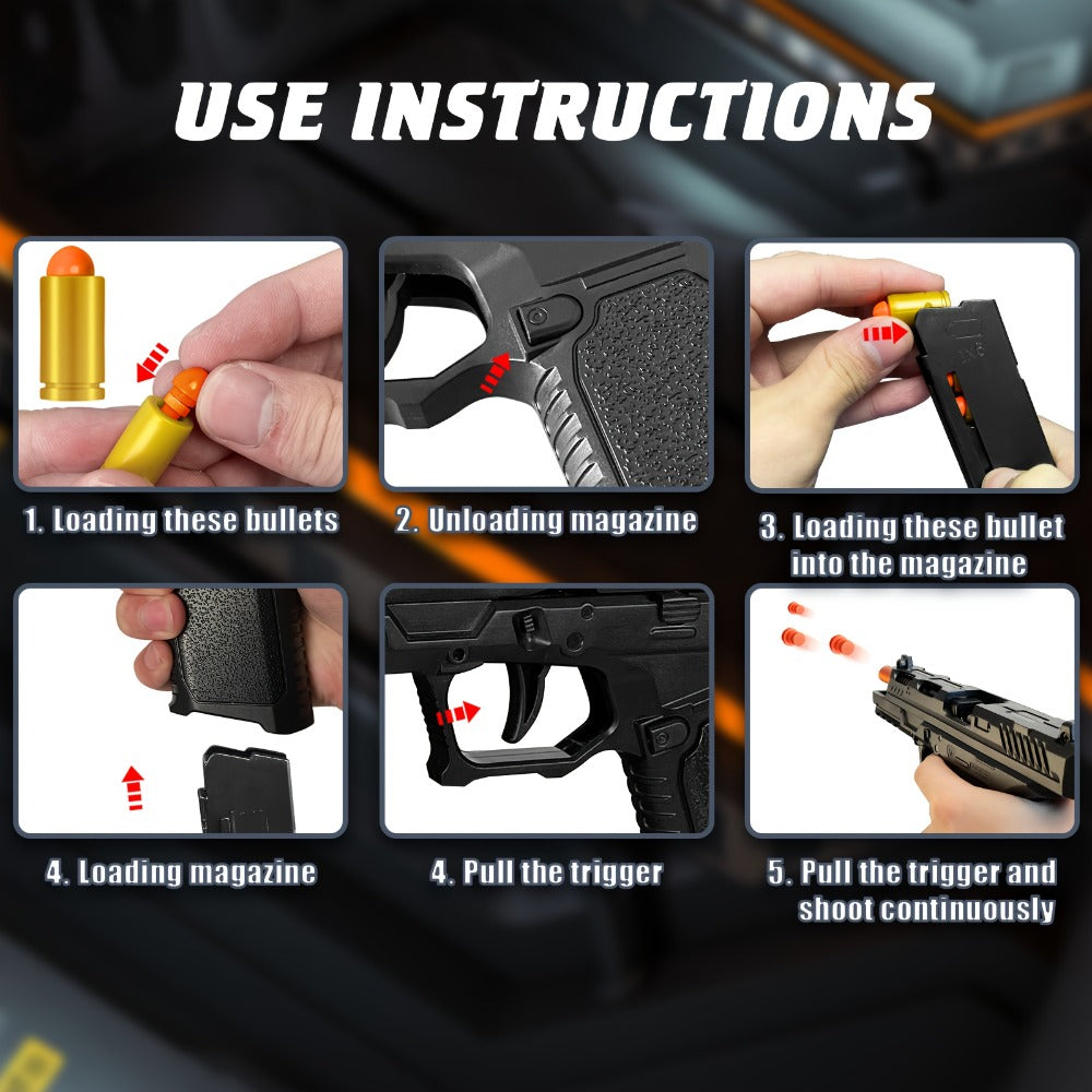 Bullet Toy Gun Pistol with Ejecting Shells & 100 Bullets, Semi- Rapid Fire Foam Blaster for Kids Boys Ages 6+