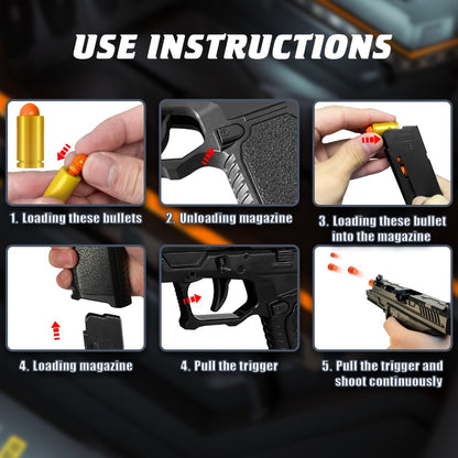 Bullet Toy Gun Pistol with Ejecting Shells & 100 Bullets, Semi- Rapid Fire Foam Blaster for Kids Boys Ages 6+