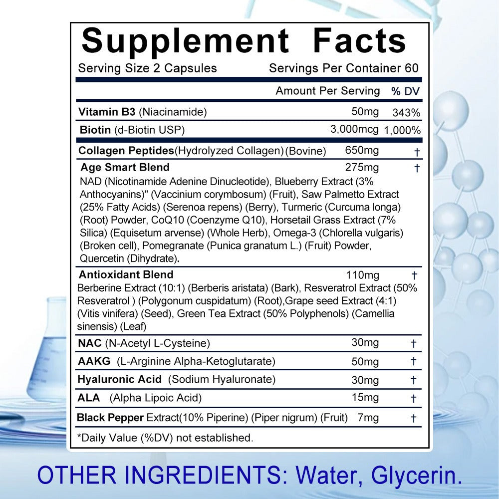 Resveratrol & NAC Supplement 120 Capsules with NAD, Collagen Peptides, Hyaluronic Acid, CoQ10, Quercetin & Omega-3