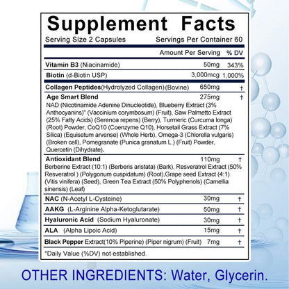 Resveratrol & NAC Supplement 120 Capsules with NAD, Collagen Peptides, Hyaluronic Acid, CoQ10, Quercetin & Omega-3