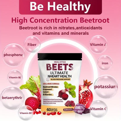 Beetroot Gummies with CoQ10, Grape Seed Extract & Multivitamins, Blood Pressure Support, Heart Health