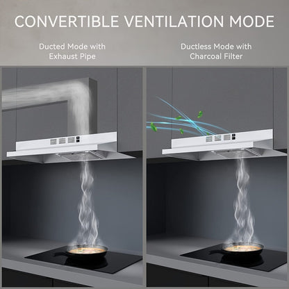 Range Hood 30 Inch Under Cabinet, Ducted & Ductless Convertible Kitchen Vent Hood with LED Light & 2-Speed Exhaust Fan