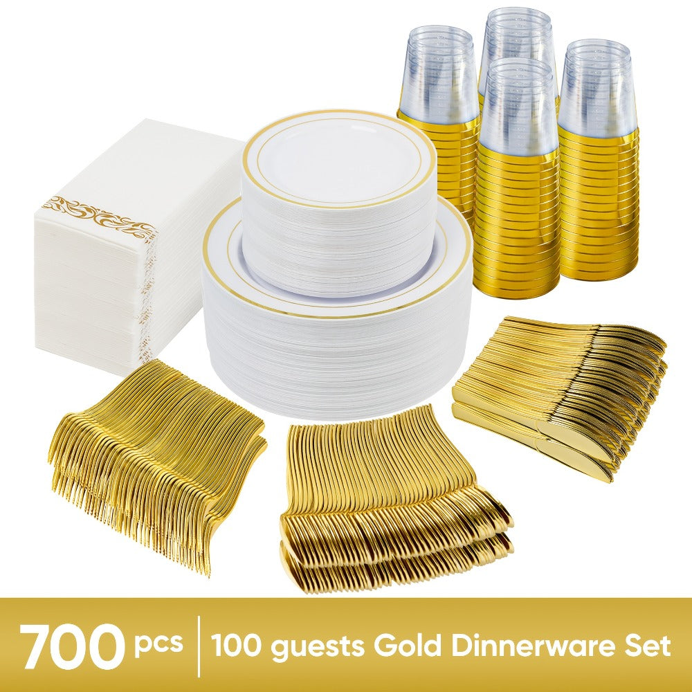 Disposable Party Dinnerware Set 350 700 Pieces Gold Silver Plastic Plates Salad Plates for Entryways, Bedrooms and Living Spaces