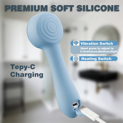 Silicone Facial Cleansing Brush Electric Face Scrubber 12000 Vibrations IPX7 USB Rechargeable Heat Massage for Home or Salon Spa Use