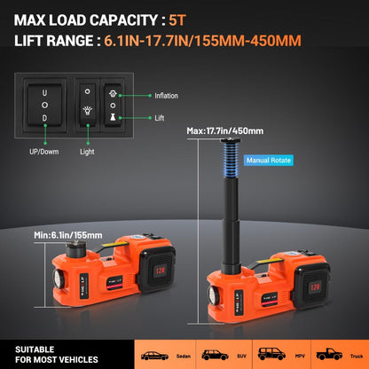 Electric Car Jack Kit 5 Ton 12V Hydraulic Lift – 6.1–17.7" Range with Impact Wrench for SUV Sedan Truck Tire Change & Garage Repair