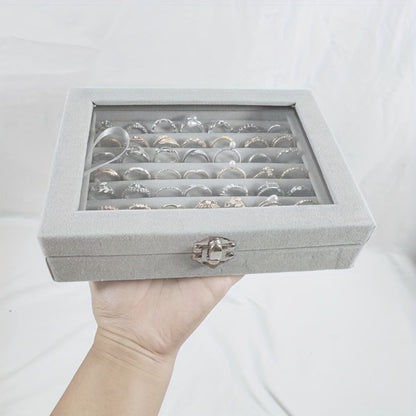 Jewelry Box with Locking Lid – 49-Ring Capacity Glass-Like Plastic Ring & Earring Organizer, Large Rectangular Storage Case