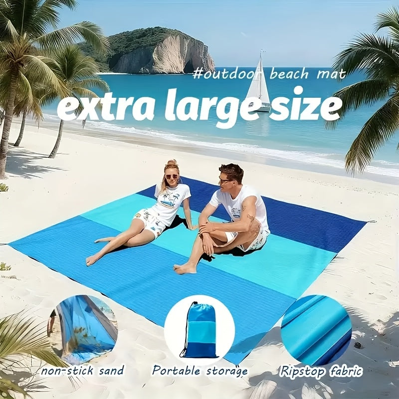 Blue Colorblock Beach Mat with Four Stakes and Carry Pouch, 55 x 78in Lightweight Foldable Size