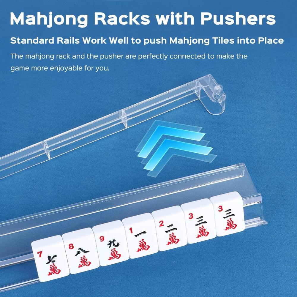 Mahjong Tile Rack and Pusher Set 4pcs Clear Acrylic All-in-One with Storage Bag – Modern American Mahjong Accessories for Game Night