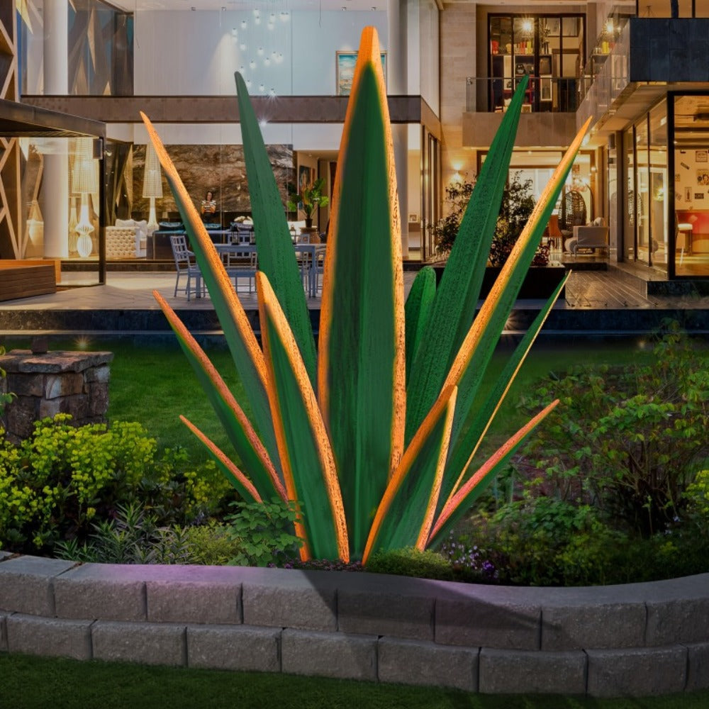 Solar Powered Agave Metal Sculpture Garden Statue – Hand-Painted Rustic Agave Figurine with LED Light & Remote Control