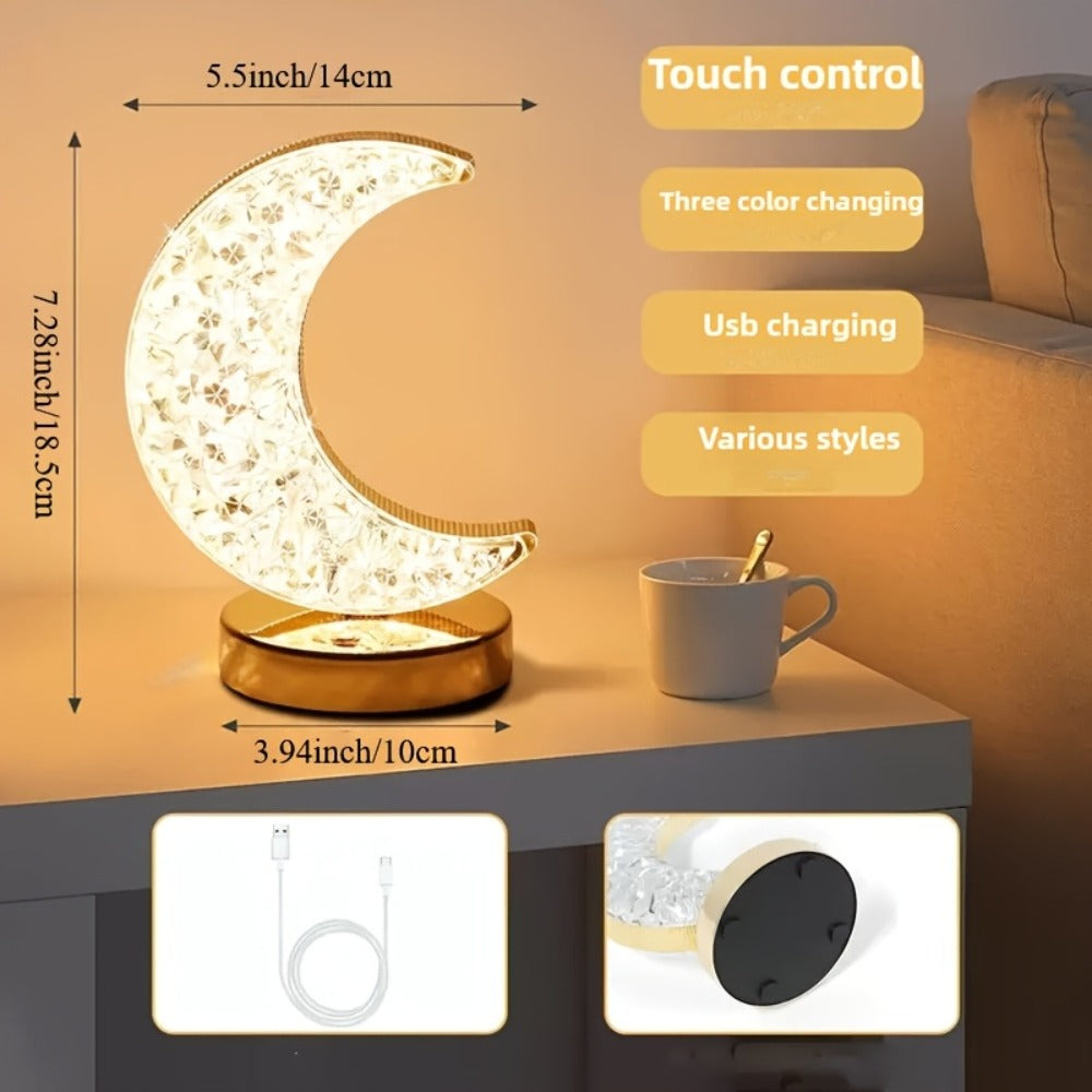 Crystal Touch Table Lamp Rechargeable, Moon & Star Dimmable LED Night Light with 3-Color Modes for Bedroom