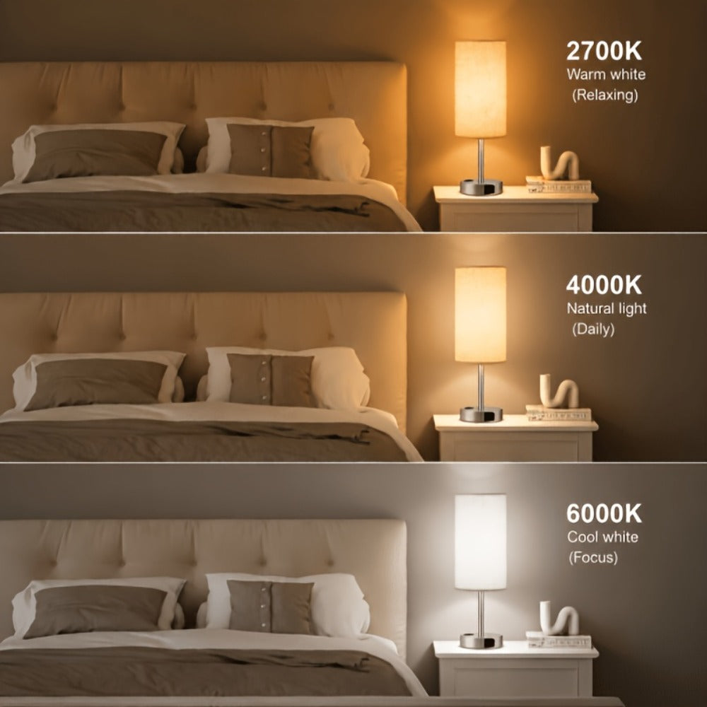 Table Lamp HOODINK with Cylindrical Shade, 3-Way Touch Dimming, USB-A, USB-C, AC Outlet and One or Two-Pack Options
