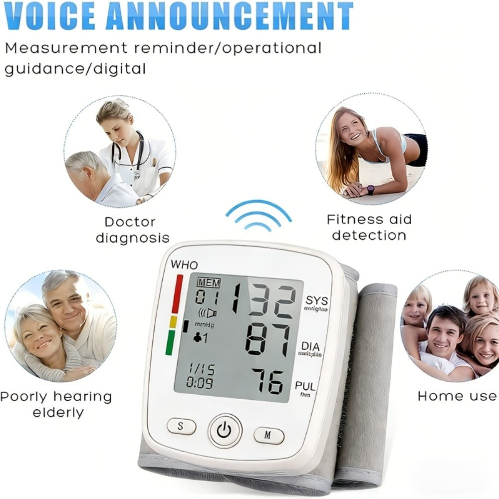 Blood Pressure Monitor for Wrist, Rechargeable LCD Device with Voice, 2 x 99 Memory and Portable Case