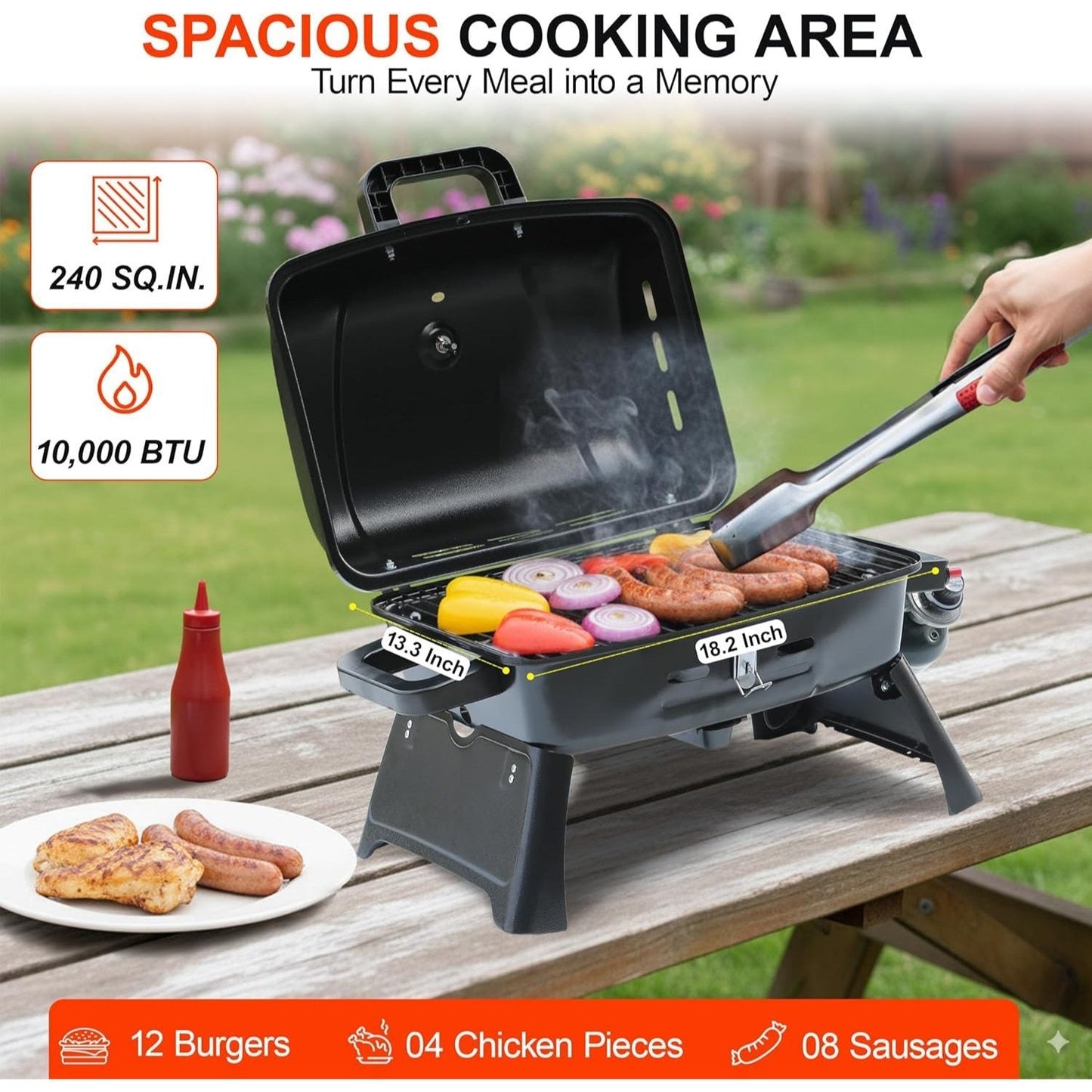 Portable Propane Grill Tabletop, 10000 BTU Single Burner Gas Grill with 239 sq in Porcelain Grates