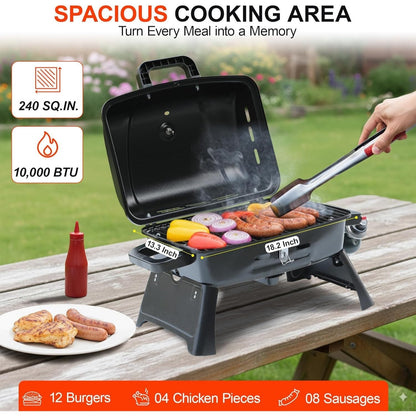 Portable Propane Grill Tabletop, 10000 BTU Single Burner Gas Grill with 239 sq in Porcelain Grates