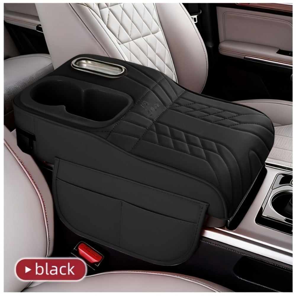Center Console Tray Organizer with Cup Holder, Tissue Slot and Six Color Options in Black, Orange, Red, Brown or Beige