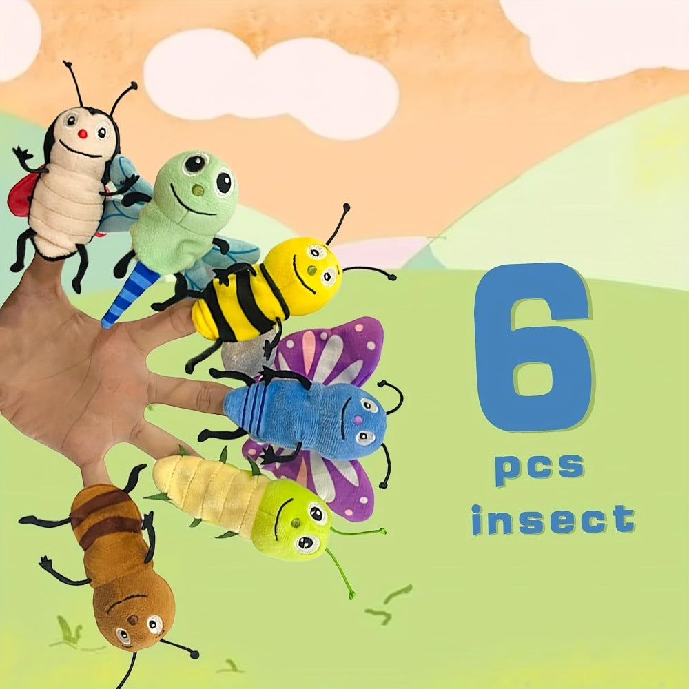 Six-Piece Insect Finger Puppet Set with Six Colorful Bug Designs for Storytelling and Pretend Play