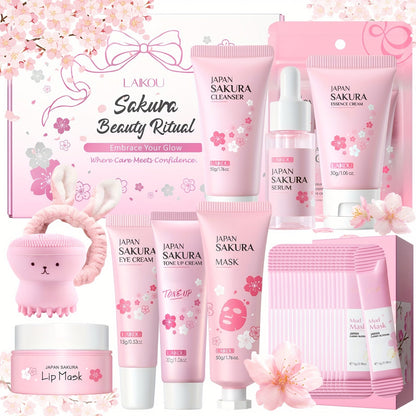 Sakura Skincare Gift Set with Mini and Full Routine Options, Pink Packaged Facial-Care Items and Accessories
