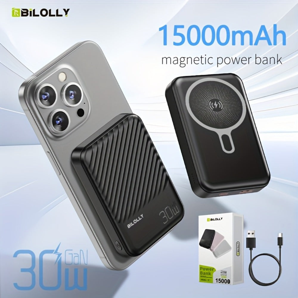 Power Bank Magnetic 6000-15000mAh with 30W Wired, 15W Wireless, Dual USB-C and Display in Four Colors