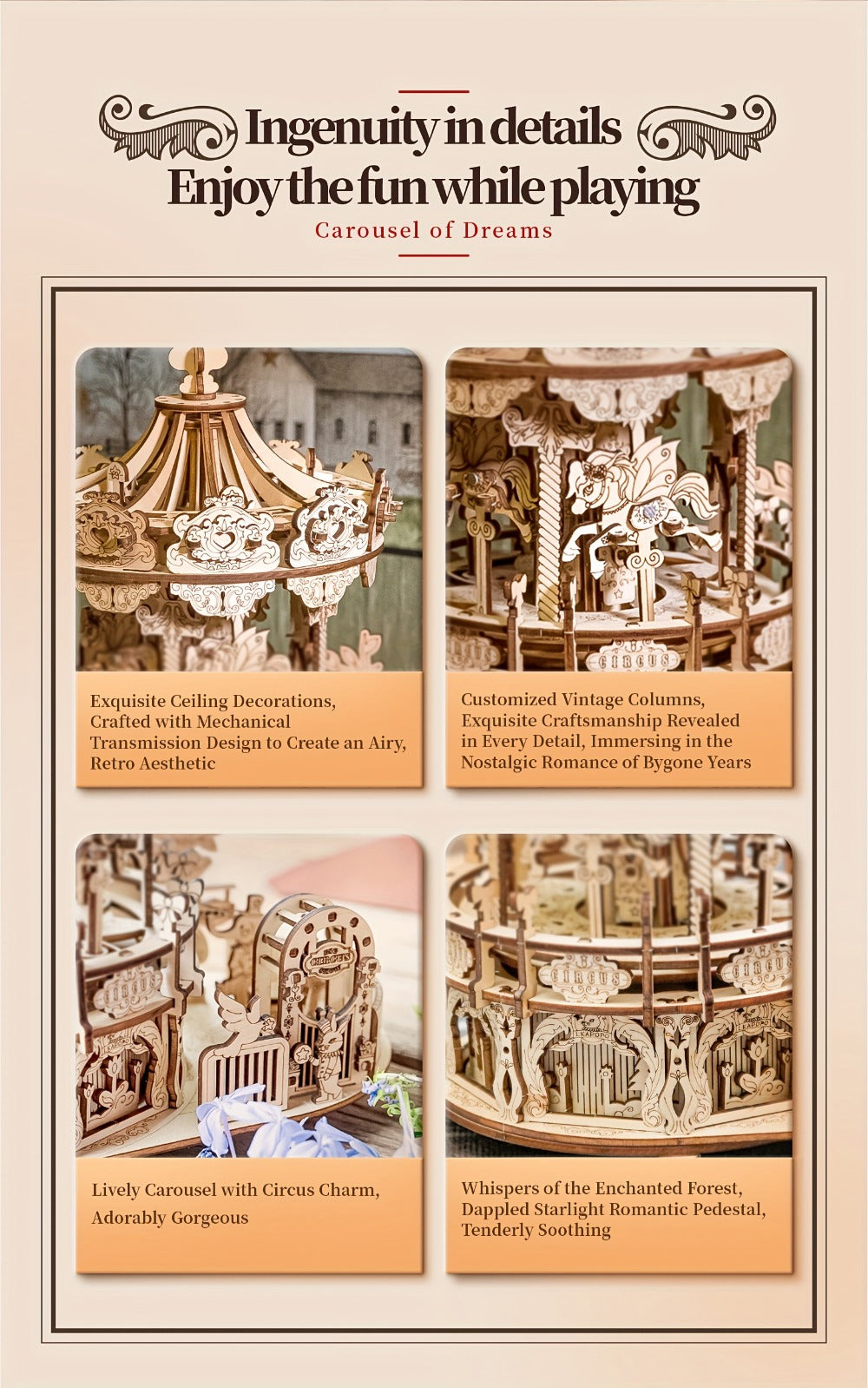 Rotating Merry-Go-Round Wooden Puzzle Kit, Mechanical Carousel 3D Model for Adults & Teens, DIY Kinetic Display Piece