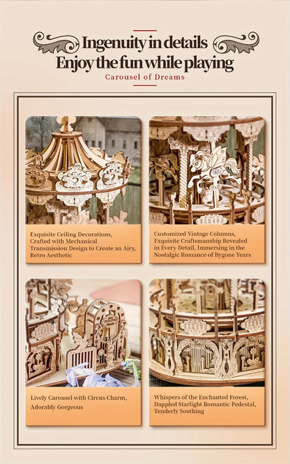 Rotating Merry-Go-Round Wooden Puzzle Kit, Mechanical Carousel 3D Model for Adults & Teens, DIY Kinetic Display Piece