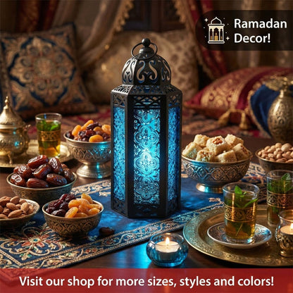 Moroccan Candle Lantern Holder - Decorative Metal & Glass Lantern with Embossed Floral Design for Indoor Home Decor