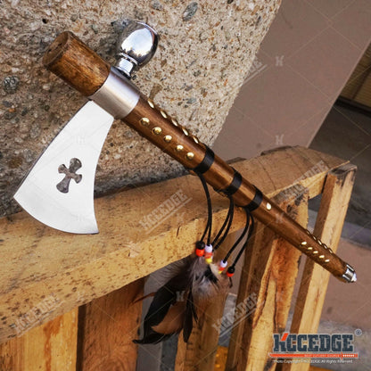 Native American Tomahawk Hatchet Replica 19in, Decorative Peace Pipe Axe with Wooden Handle, Feather & Brass Accents