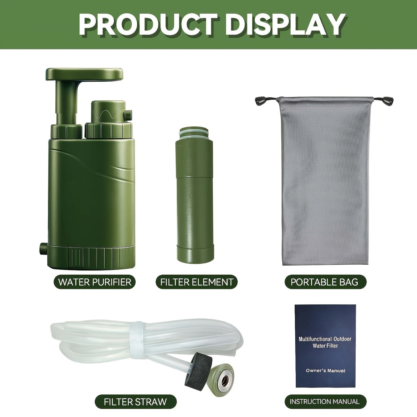 Portable Hand-Pump Water Filter Kit with Green Pump, Clear Hose, Filter Cartridge, Bag and Pictured Accessories