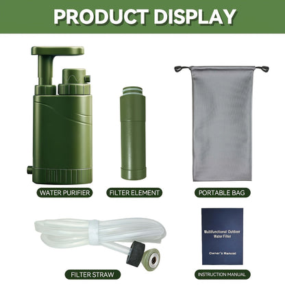 Portable Hand-Pump Water Filter Kit with Green Pump, Clear Hose, Filter Cartridge, Bag and Pictured Accessories