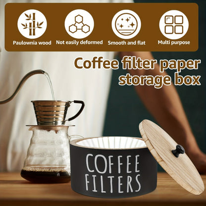 Wooden Coffee Filter Holder with Lid – Large Capacity Rustic Round Organizer Dispenser for Coffee Filters & Tea Bags, Bamboo Lid