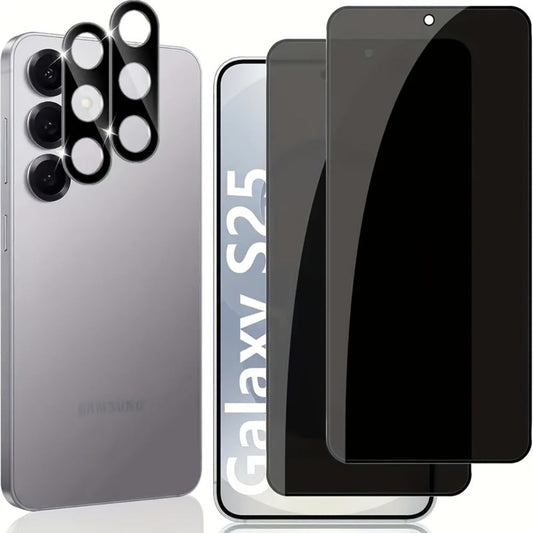 Samsung Galaxy Screen Protector + Camera Lens 2+2 Pack, 9H Anti-Spy Tempered Glass, Fingerprint Unlock Support