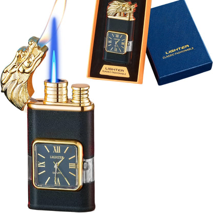 Double Flame Windproof Lighter Creative Retro Metal Lighter Dragon Eagle Gun Shape Quartz Dial Portable Outdoor Lighter Men Gift Box Butane