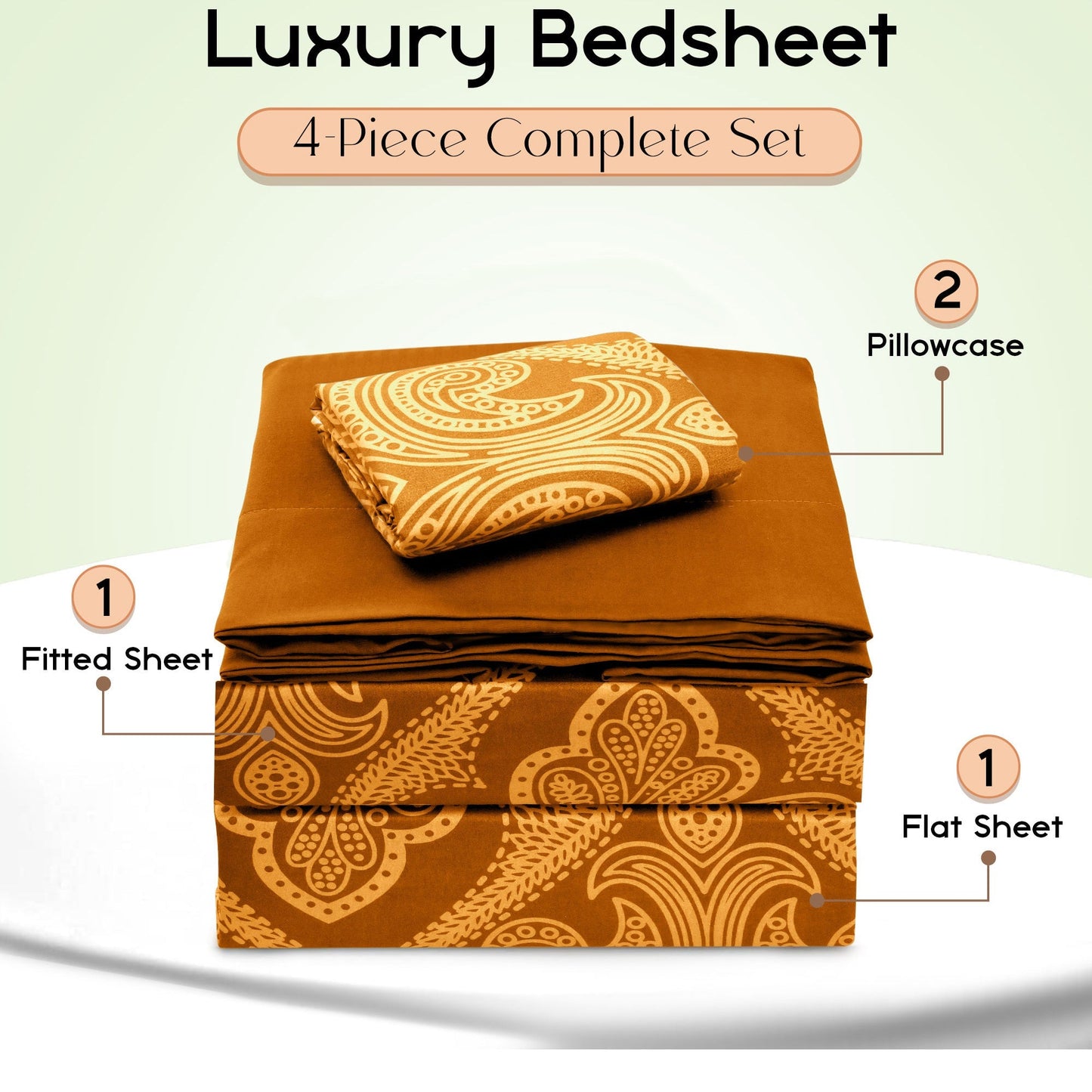 Bed Sheet Set Paisley Brushed Polyester in 4- or 6-Piece Sizing with 16-Inch Pocket and Wash Instructions