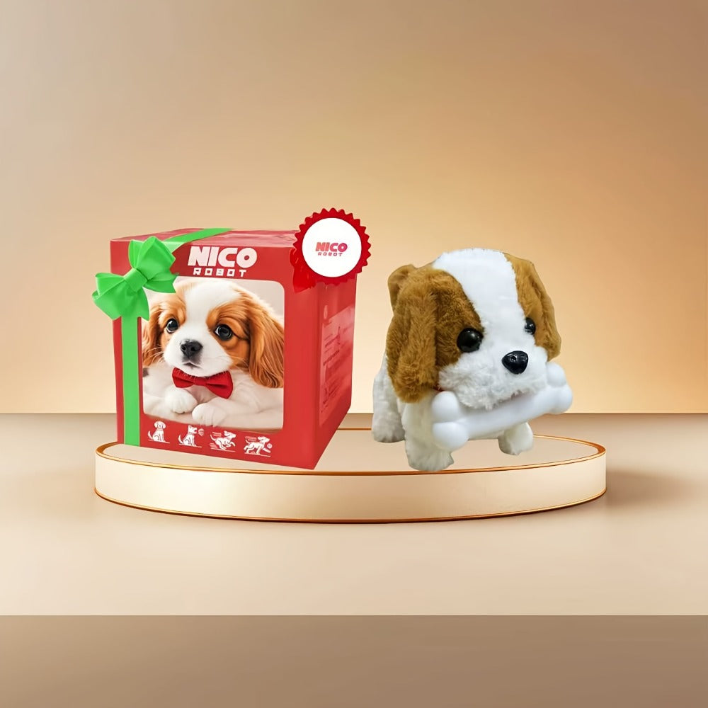 Simulation Puppy Robot Electric Interactive Dog Toy, Auto Walking, Barking & Tail Wagging, Plush Biomimetic Pet with Dog Bone Accessory