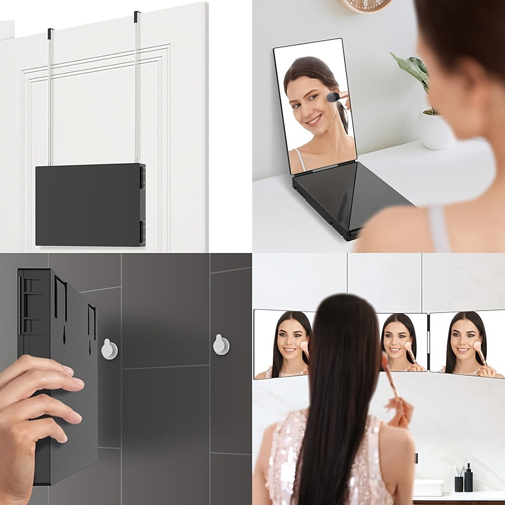 Three-Way Folding Mirror for Haircutting 360° View Anti-Fog HD Glass Height-Adjustable Telescopic Hook – Foldable Three-Sided Mirror