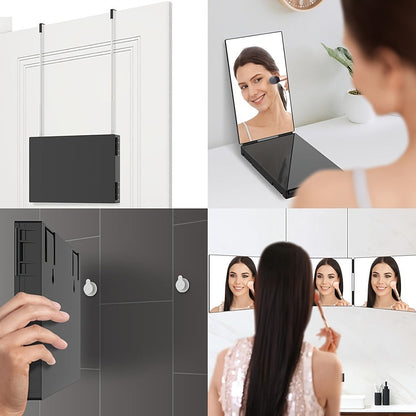Three-Way Folding Mirror for Haircutting 360° View Anti-Fog HD Glass Height-Adjustable Telescopic Hook – Foldable Three-Sided Mirror