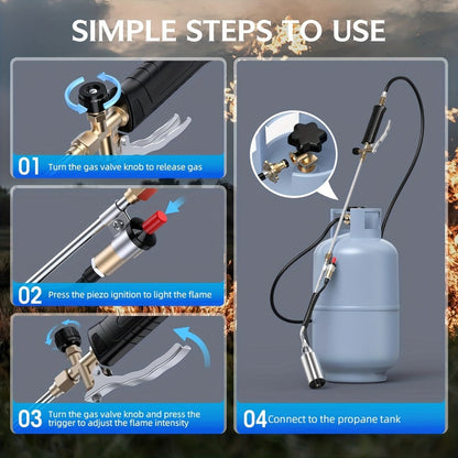 Long-Reach Propane Torch Kits with Hose, Adjustable Flame Valve and Red or Black Configurations