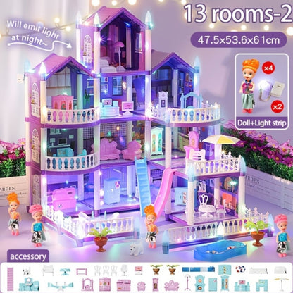 LED Dollhouse Playset for Girls, Purple Multi-Room Playhouse with Doll Figures, Puppies, Furniture & LED Lighting