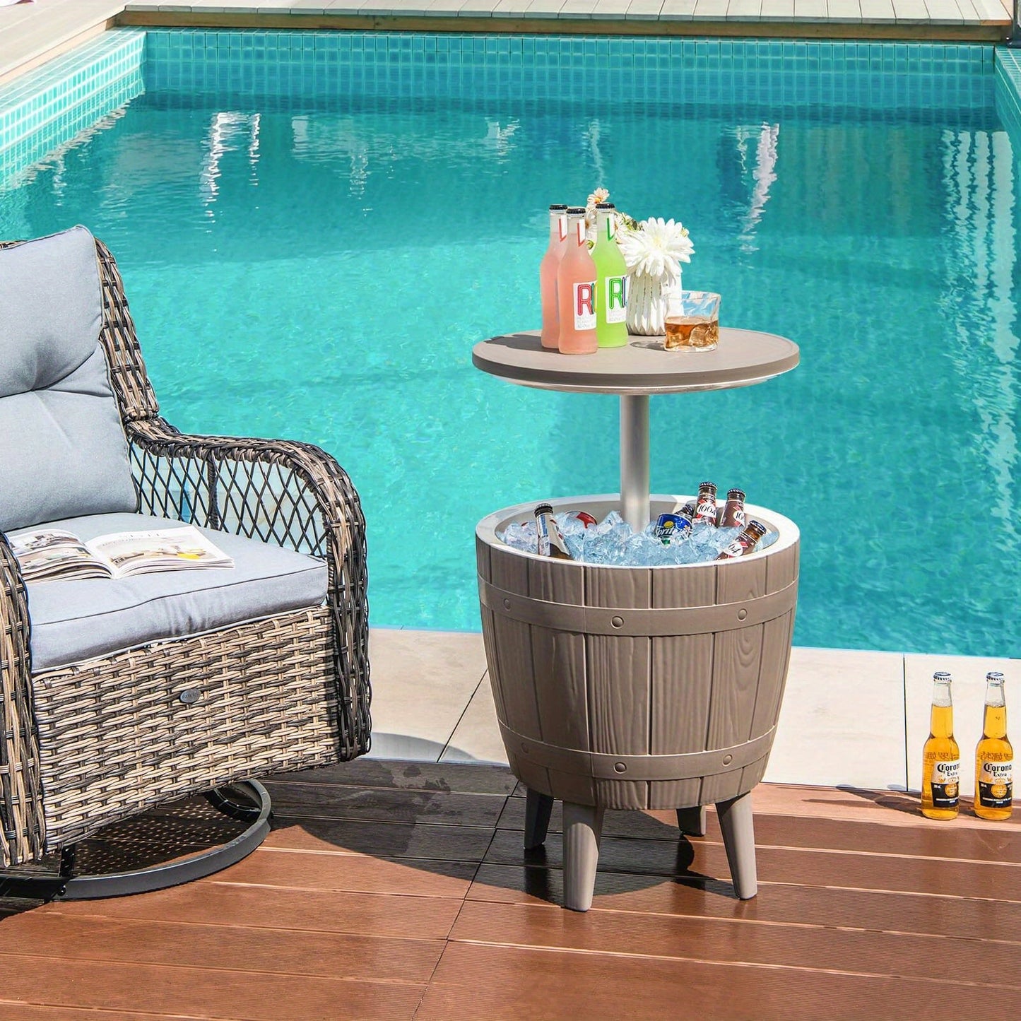 Outdoor Cooler Bar Table 3-in-1, 10 Gal Ice Bucket, Coffee Table & Serving Station, All-Weather PP
