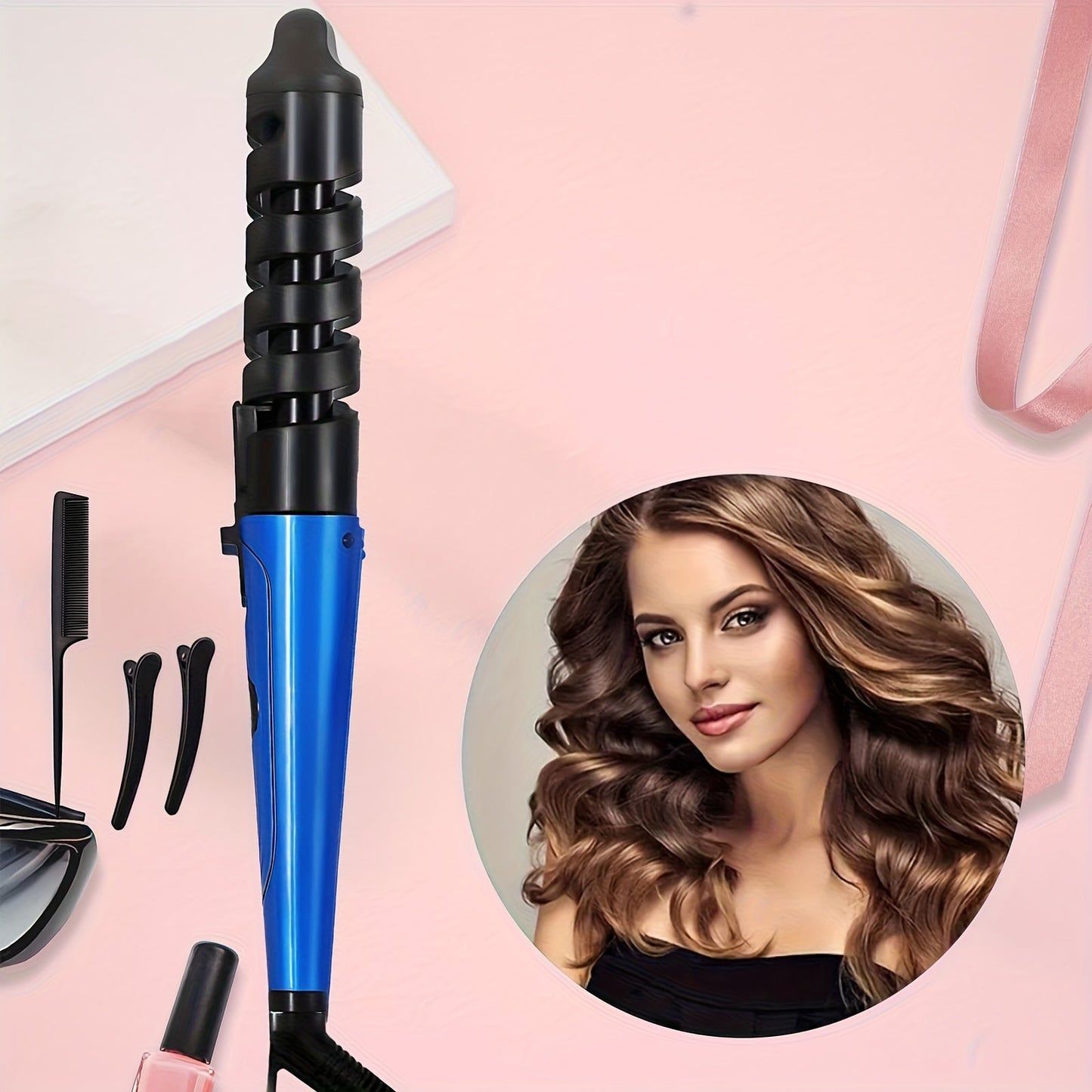 Spiral Curling Iron, Anti-Scald Fast Heating Curler for Long & Short Hair, Portable Rotating Barrel