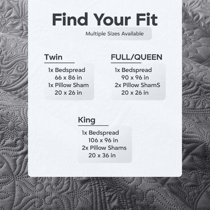 Floral-Pattern Three-Piece Bedspread Set in 16 Colors with Twin, Queen, King and California King Sizes